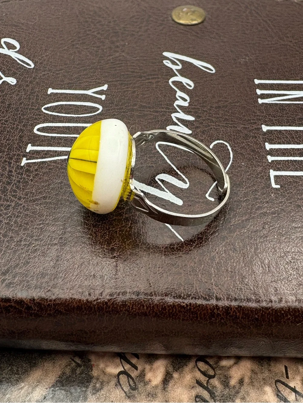 Vintage 60s 70s Yellow Flower Cabochon Upcycled Adjustable Ring